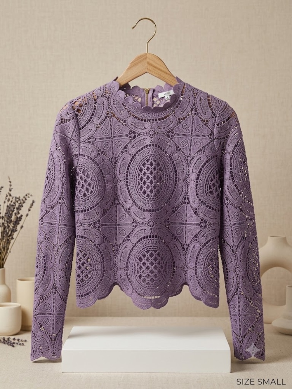 Women's Lavender Crochet Lace Long-Sleeve Top
